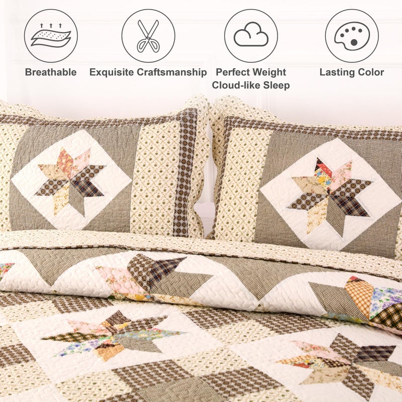 YAYIDAY Quilts King Size Patchwork Bedspread Set - 100% Cotton Reversible Breathable Brown Geometric Quilted Quilt with Pillow Shams for All Seasons - Image 3